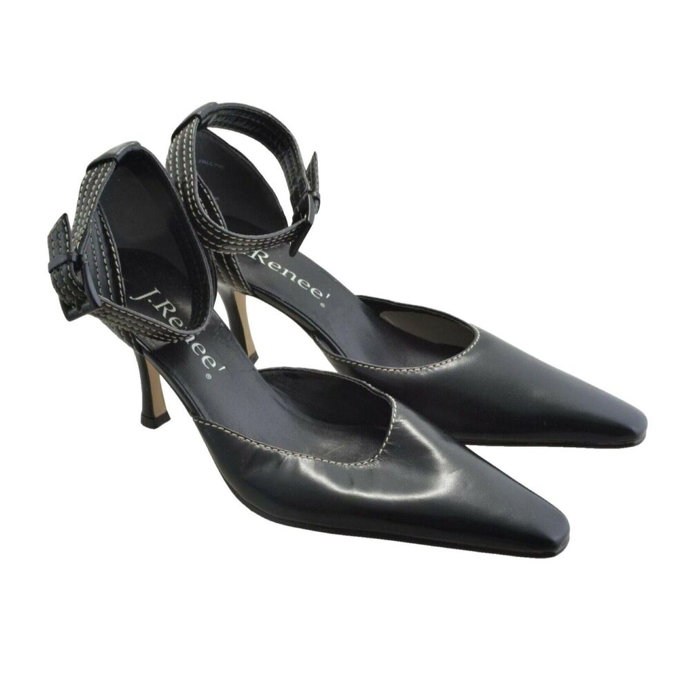 J. Renee Black  Women's Size US 7.5M  With White Stitching Ankle Strap Pumps